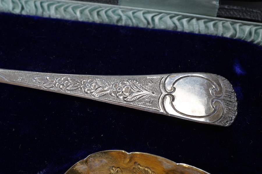 A cased pair of George III silver Old English pattern 'berry' spoons, by Joseph Ash I, London, 1810, 21.2cm, 2.9oz. Condition - fair to good